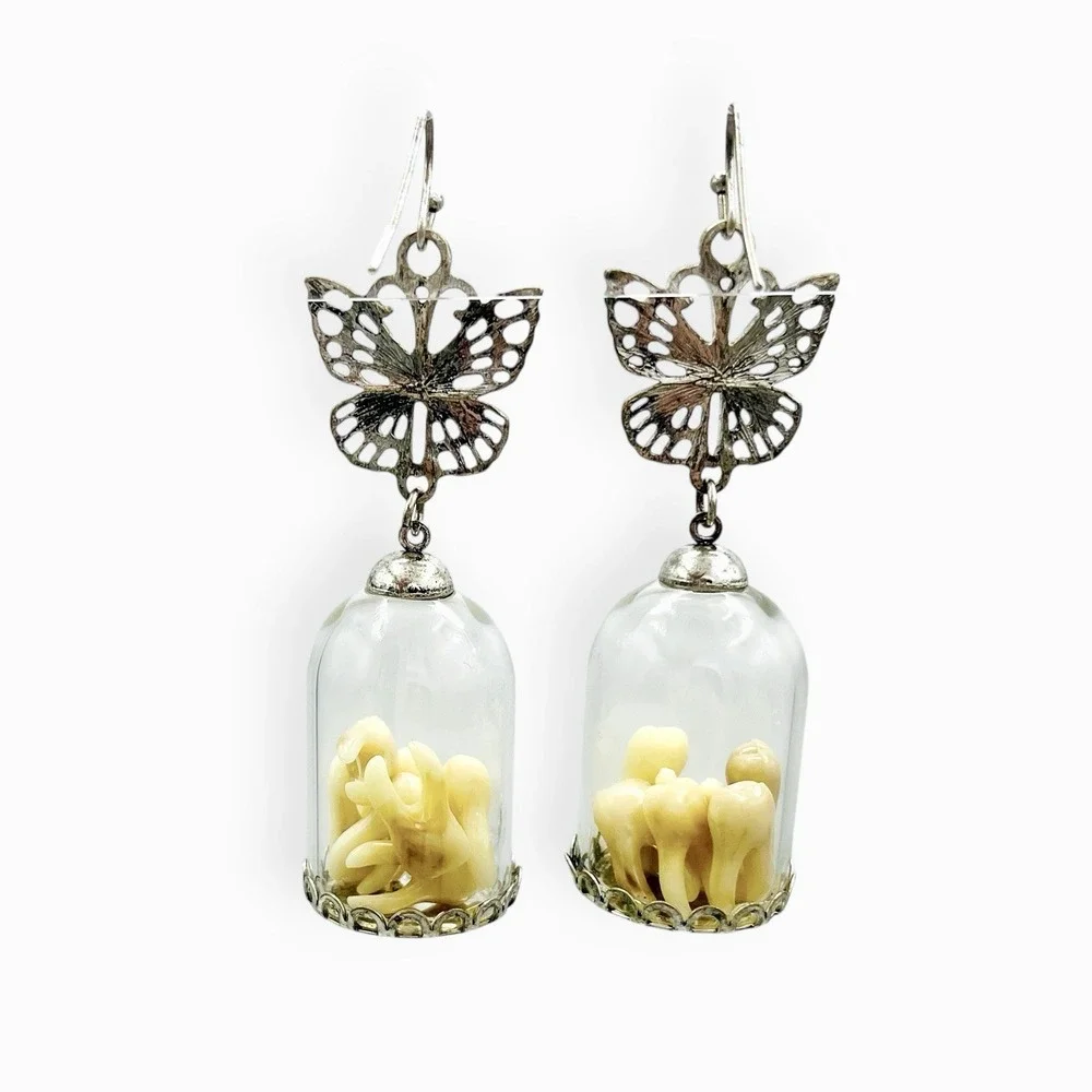 Butterfly Tooth‎ Earrings Fairy Capsule Dangle Drop Halloween Y2k Teeth Silver